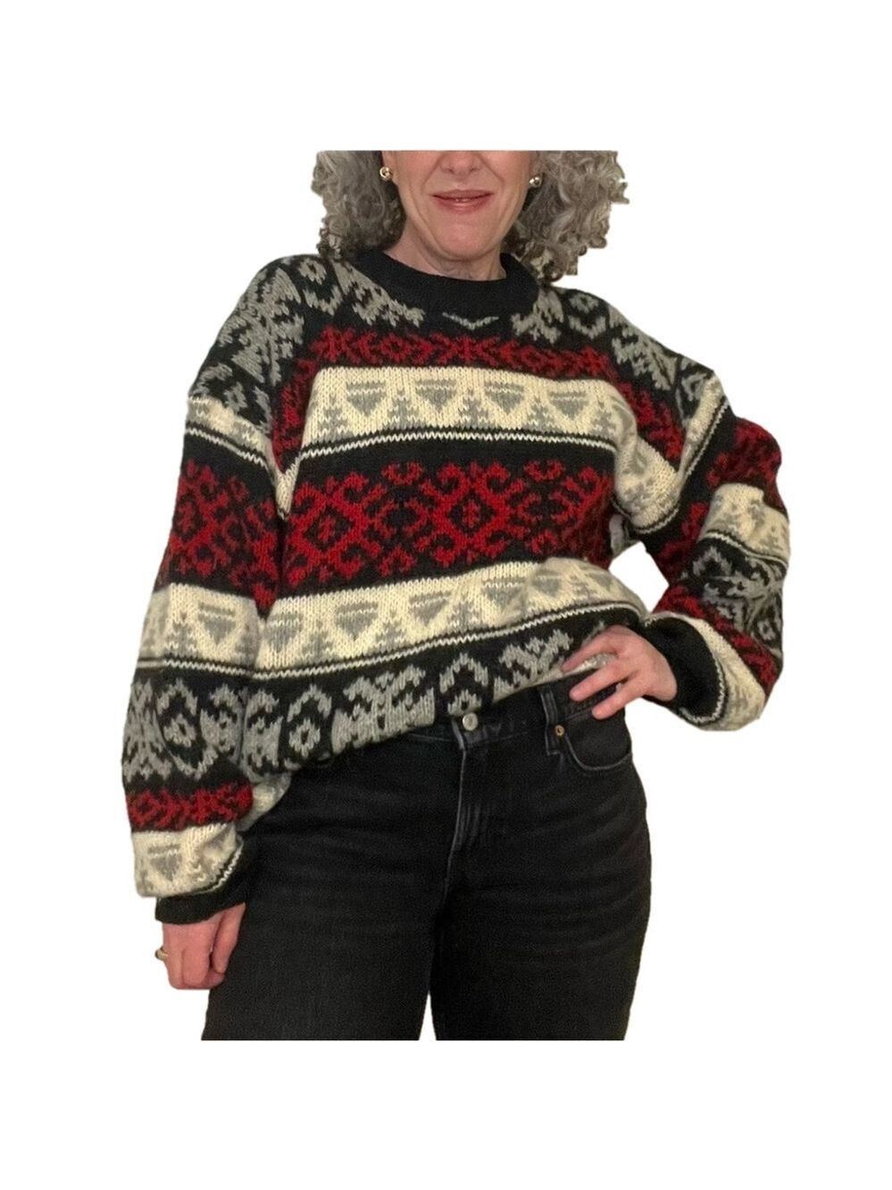 VINTAGE 100% Virgin Wool Pullover Crew Neck Sweater Black Cream Grey Red Unisex - Picture 9 of 11